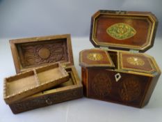 SHERATON STYLE INLAID GEORGIAN TEA CADDY and a Chinese carved hardwood box with dragon detail