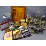 MODERN SILVER FRAME MANTEL CLOCK, Roberts radio, model ships, Angelus brass carriage clock and other