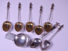 SILVER APOSTLE SPOONS (6), tea caddy spoon with Prince of Wales Feathers detail and one other,