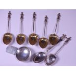 SILVER APOSTLE SPOONS (6), tea caddy spoon with Prince of Wales Feathers detail and one other,