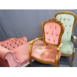 REPRODUCTION BUTTON UPHOLSTERED CHAISE LONGUE and two non-matching armchairs, 70cms H, 134cms L,