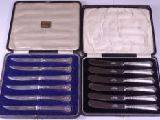 CASED SILVER KNIVES, TWO SETS, Sheffield hallmarks 1920s including a silver bladed set of six, the