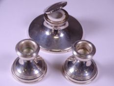 SQUAT CANDLESTICKS, A PAIR and a Capstan style inkwell, Birmingham 1966 by B & Co and 1913, Henry