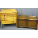OAK RAILBACK CHEST OF THREE DRAWERS, 87cms H, 79cms W, 44cms D and a polished wooden blanket box,