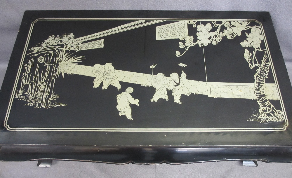 JAPANESE LACQUERWORK COFFEE TABLE inlaid white metal on black with folding legs, 46cms H, 107cms - Image 2 of 4