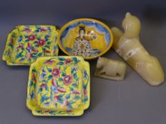 A SMALL ITALIAN POTTERY FIGURAL BOWL, a pair of yellow ground floral square Cloisonne dishes (