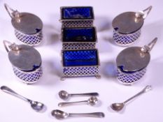 RETICULATED SILVER TABLE SALTS - two sets, Birmingham hallmarks, to include three rectangular