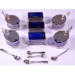 RETICULATED SILVER TABLE SALTS - two sets, Birmingham hallmarks, to include three rectangular