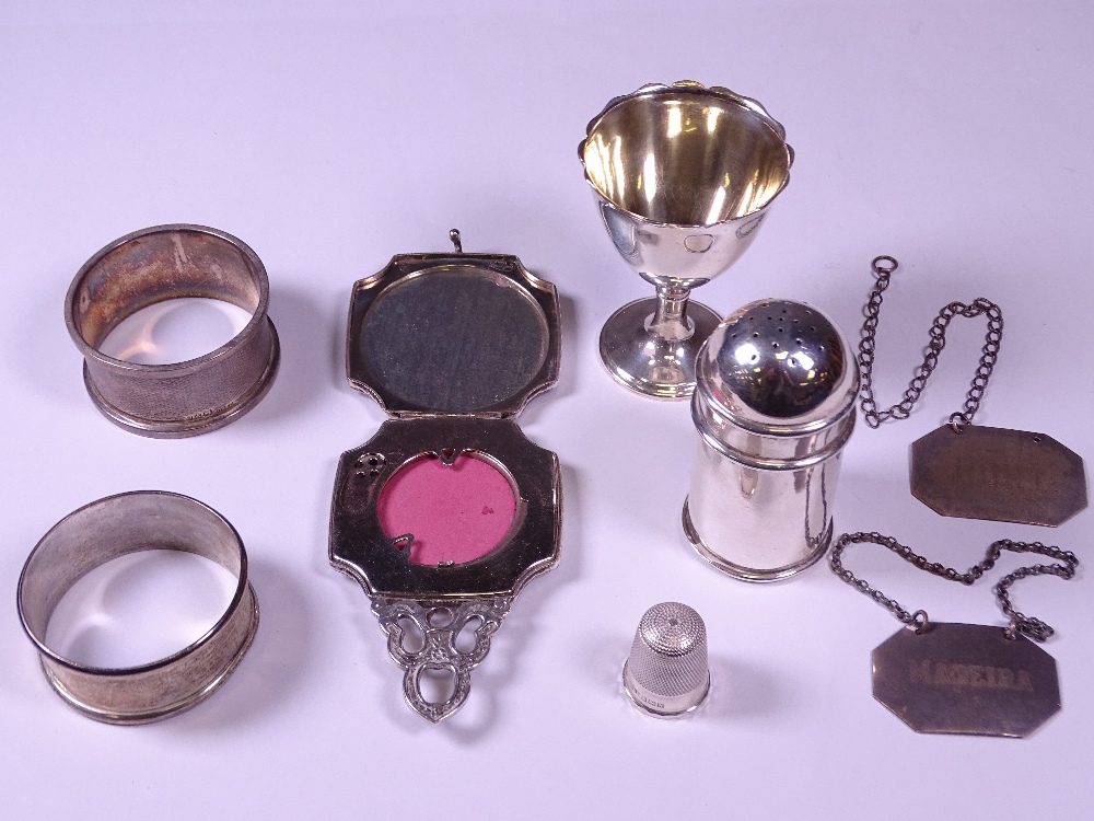 SMALL SILVER - 8 ITEMS, various dates and hallmarks to include Madeira and Port decanter labels,