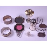 SMALL SILVER - 8 ITEMS, various dates and hallmarks to include Madeira and Port decanter labels,