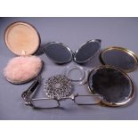 ENAMELLED SILVER LADY'S COMPACT & TWO OTHERS, marcasite decorated pair of lorgnettes and a modern