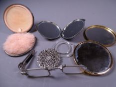 ENAMELLED SILVER LADY'S COMPACT & TWO OTHERS, marcasite decorated pair of lorgnettes and a modern