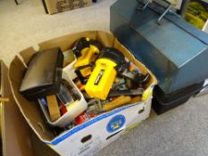 TWO TOOLBOXES & A BOXED QUANTITY OF HAND TOOLS, workshop goods, torches ETC