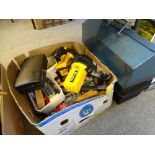 TWO TOOLBOXES & A BOXED QUANTITY OF HAND TOOLS, workshop goods, torches ETC