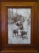 FRAMED PAINTED TILE - scene of farmer on a track with cattle by Royal Delft Pottery, the painting by