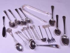 GEORGIAN SILVER SUGAR TONGS, various spoons, white metal cocktail sticks ETC, various dates and
