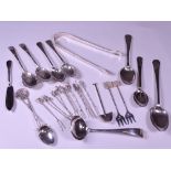 GEORGIAN SILVER SUGAR TONGS, various spoons, white metal cocktail sticks ETC, various dates and