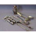 TWO CHROME A.R.P WHISTLES, small parcel of white metal cutlery and a white metal standing owl pepper