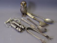 TWO CHROME A.R.P WHISTLES, small parcel of white metal cutlery and a white metal standing owl pepper