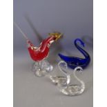 VENETIAN STYLE GLASS LONG TAILED BIRD, a pair of plain glass swans and a Bristol Blue glass swan