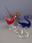 VENETIAN STYLE GLASS LONG TAILED BIRD, a pair of plain glass swans and a Bristol Blue glass swan