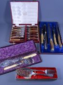 ANTLER HANDLED CARVER SET, steak knives and forks, pierced fish server sets (2)