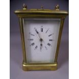 FRENCH BRASS CASED REPEATING CARRIAGE CLOCK, unmarked white dial set with Roman numerals (no key),
