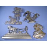 LEAD FIRESIDE PLAQUE, brass Robbie Burns ploughman stand, bust plaque of Charles Dickens and a