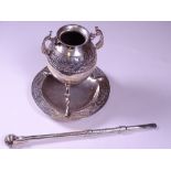 CHILE SILVER MATE CUP & BOMBILLA SET, Stamped 900, the globular form cup with exotic bird handles