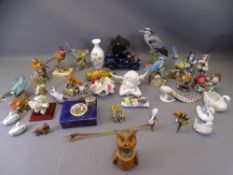 PORCELAIN & OTHER COMPOSITION CABINET FIGURINES, BIRDS & ANIMALS to include a carved wooden owl