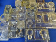 VINTAGE GLASS DESK INKWELLS including double examples with pen rests