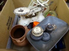 CAST IRON KITCHEN SCALES & WEIGHTS, Limoges mortar and pestle, Terracotta ware and a stylish mid-