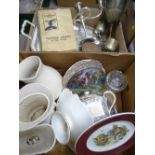 MIXED CHINA, PLATED WARE, prints and collectables (within two boxes and loose)