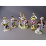 CONTINENTAL PORCELAIN FIGURINES (5), typical styles and decorations, 16.5cms H the tallest