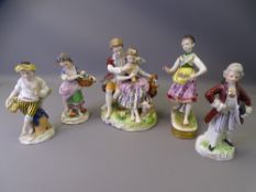 CONTINENTAL PORCELAIN FIGURINES (5), typical styles and decorations, 16.5cms H the tallest