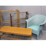 LLOYD LOOM ARMCHAIR, two vintage towel airers and teak Long John coffee table, 36cms H, 107cms W,