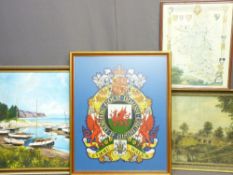 COLOURFUL VINYL CRESTED HERALDIC EMBLEM OF WALES, 70 x 56cms, oil on board, numerous boats on beach,