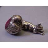 SILVER TINY MODEL CAT, 0.5ozs, Chester 1906 and a silver bird chick pin cushion, Chester 1907