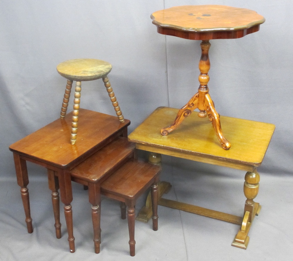 OCCASIONAL TABLES - Italian reproduction inlay tripod, 60cms H, 52cms D, a refectory style coffee,