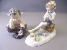 ROYAL COPENHAGEN FAUN & METZLER & ORTLOFF BOY WITH FLUTE, the faun depicted crouching holding a