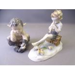 ROYAL COPENHAGEN FAUN & METZLER & ORTLOFF BOY WITH FLUTE, the faun depicted crouching holding a