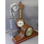 VINTAGE OAK FRAMED WALL BAROMETER WITH THERMOMETER, mahogany cased mantel clock and a modern