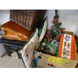 VINTAGE JAPANNED STRONG BOX WITH KEYS, wicker basket, leather briefcase and soft furnishings with