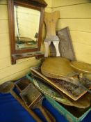 MIXED WOODEN & OTHER TRAYS, PLAQUES, CHURCH COLLECTION BOXES ETC with an Edwardian and mahogany