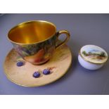 ROYAL WORCESTER HAND PAINTED CABINET WARE to include a fruit painted miniature cup and saucer, the