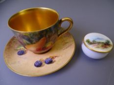 ROYAL WORCESTER HAND PAINTED CABINET WARE to include a fruit painted miniature cup and saucer, the