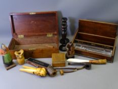 SMALL WOODEN DESK BOX, pair of turned hardwood candle holders and an oblong lidded box with two