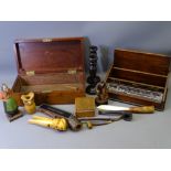 SMALL WOODEN DESK BOX, pair of turned hardwood candle holders and an oblong lidded box with two