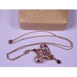 VICTORIAN 15CT GOLD SEED PEARL & AMETHYST SET OPEN PENDANT NECKLACE on fine link 9ct gold chain,