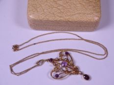 VICTORIAN 15CT GOLD SEED PEARL & AMETHYST SET OPEN PENDANT NECKLACE on fine link 9ct gold chain,